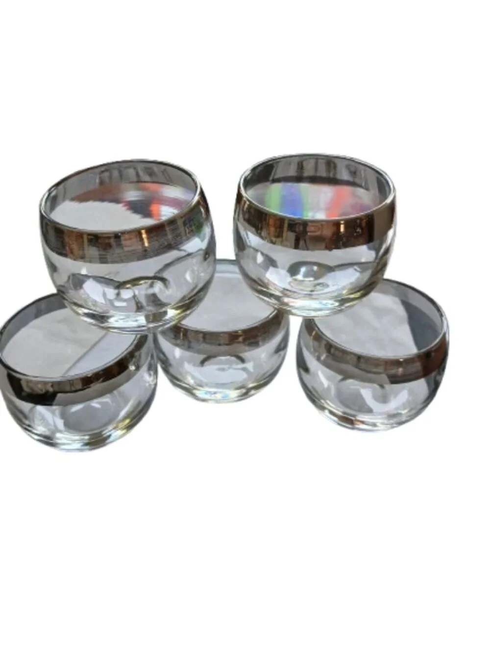 Vintage glass barware roly poly silver band MCM barware  flaws